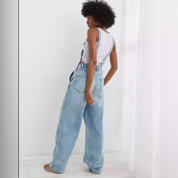 NWT Aerie Denim Wide Leg Overalls Y2K 90s Retro Casual Streetwear XL - Picture 8 of 11
